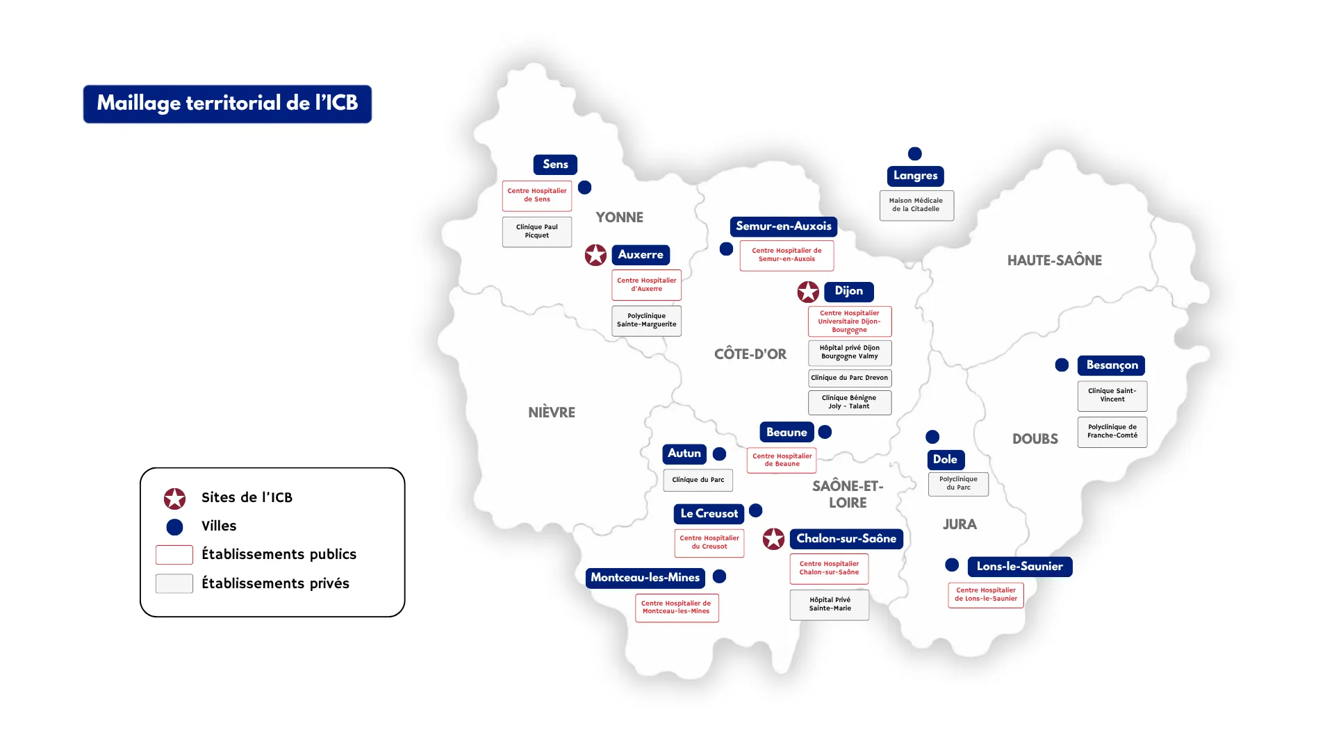Grâce à un maillage territorial pensé de manière globale, l'ICB, à travers ses praticiens, mais aussi avec des correspondants et des partenaires, est présent dans une vingtaine d'établissements publics et privés de la région Bourgogne-Franche-Comté. (Crédit : Institut de Cancérologie de Bourgogne)